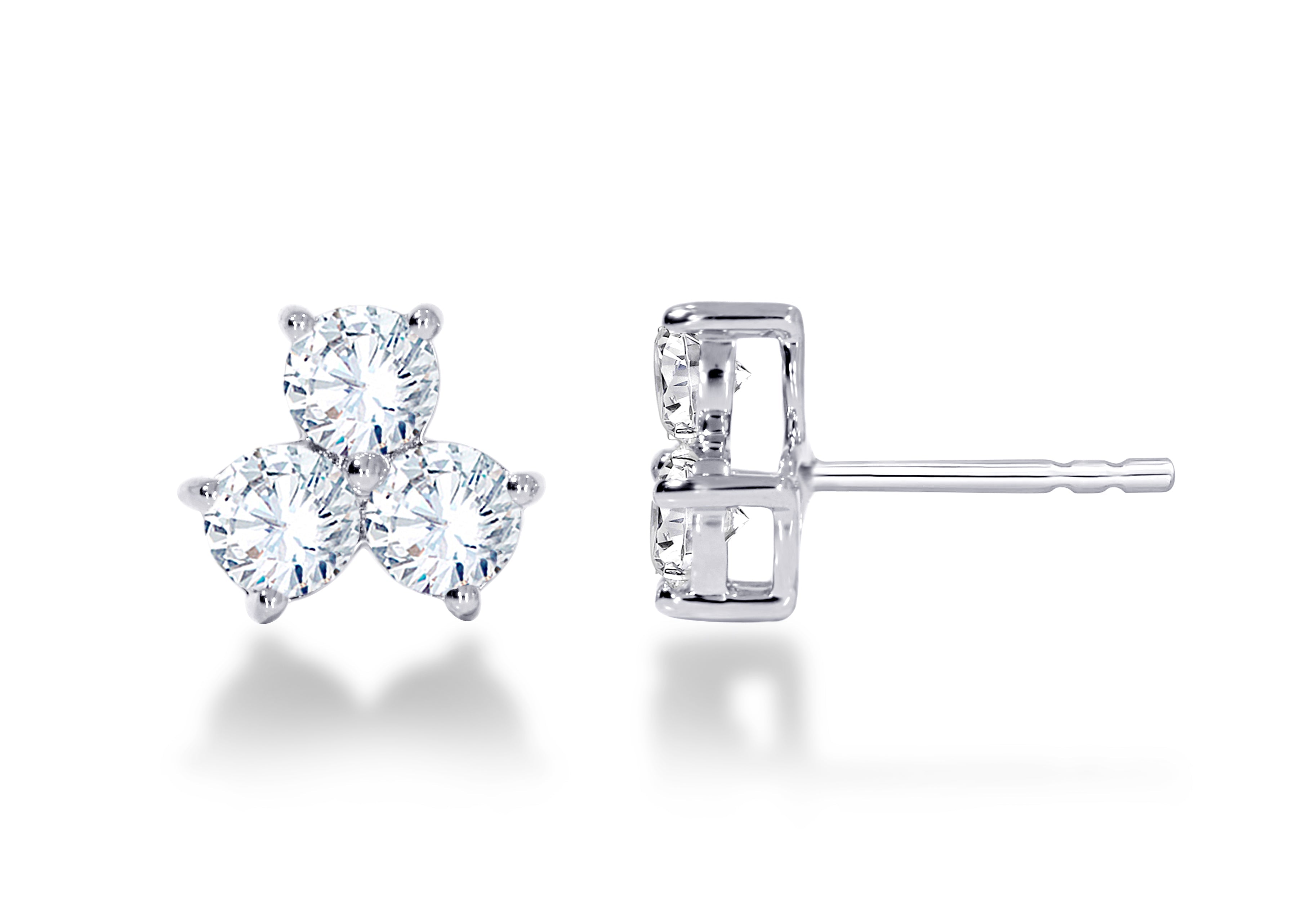 Three stone cluster lab diamond stud earring close up