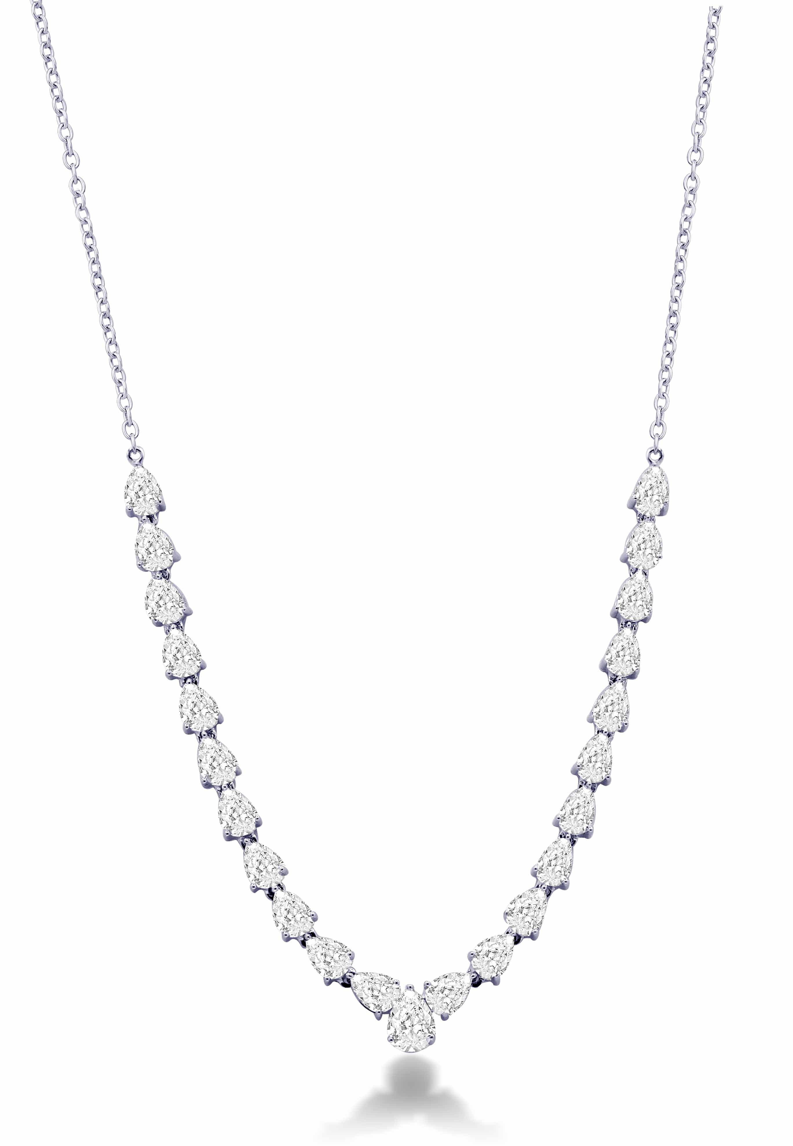 3.35 CTW lab grown diamond pear drop necklace in 14K white gold featuring graduated pear shaped diamonds and paperclip chain.