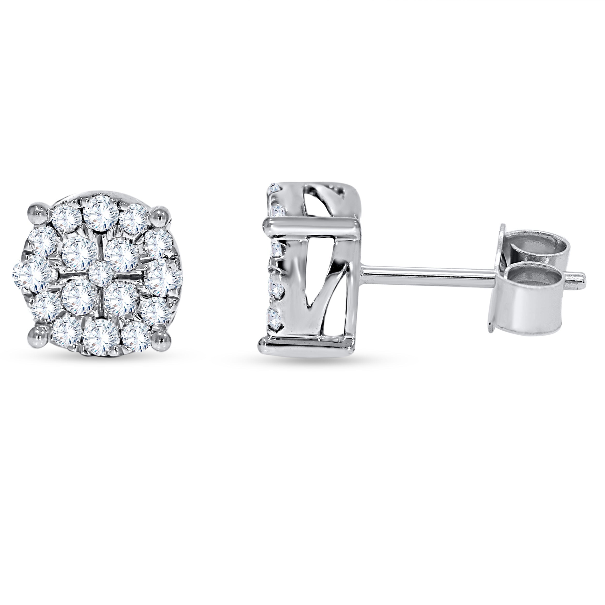 14K White Gold Round Diamond Cluster Stud Earrings – 0.58 CTW
