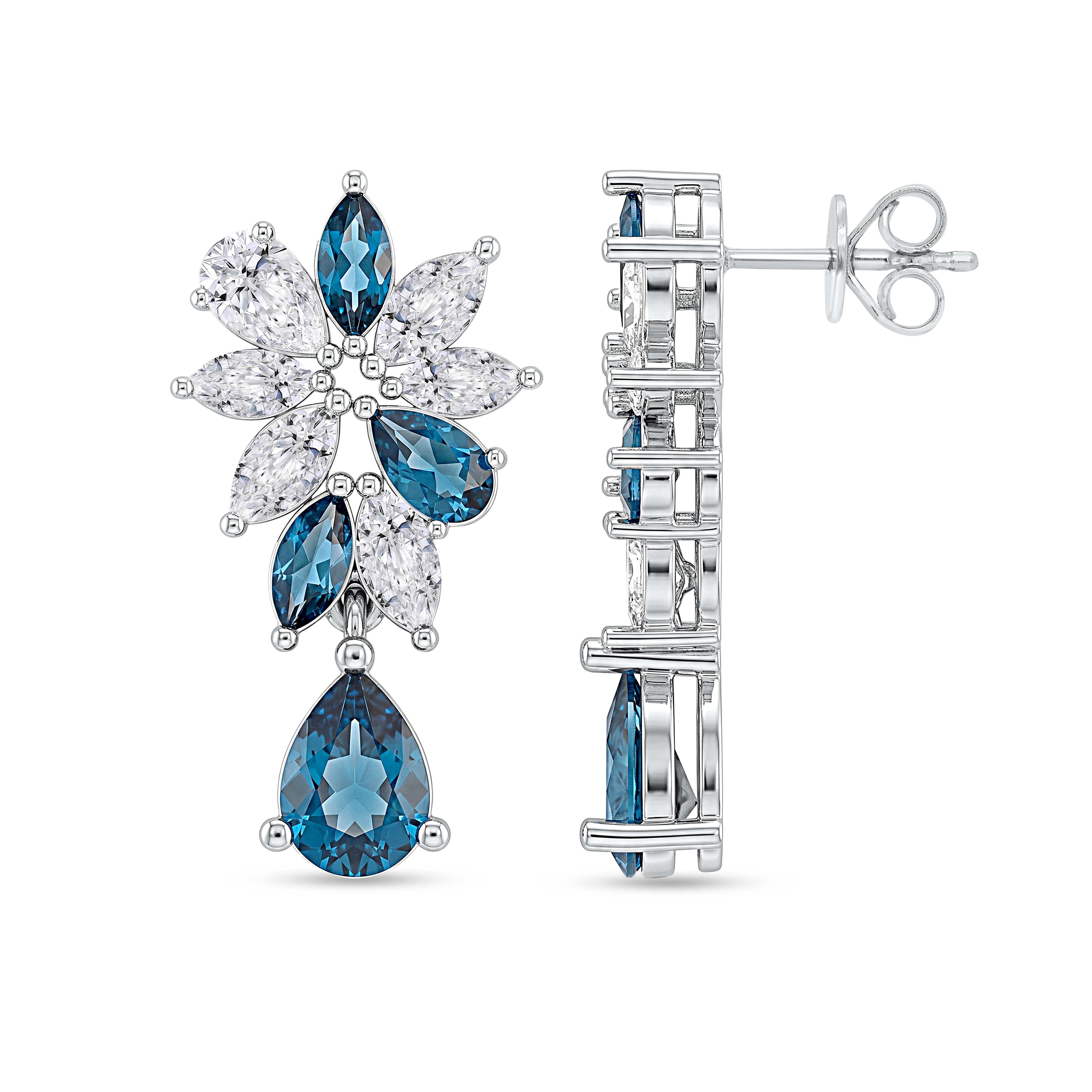 10K White Gold Multi-Shape Lab-Grown Diamond & Blue Topaz Earrings – 4.69 CT, fine jewellery by Luster d'Anvers, Antwerp