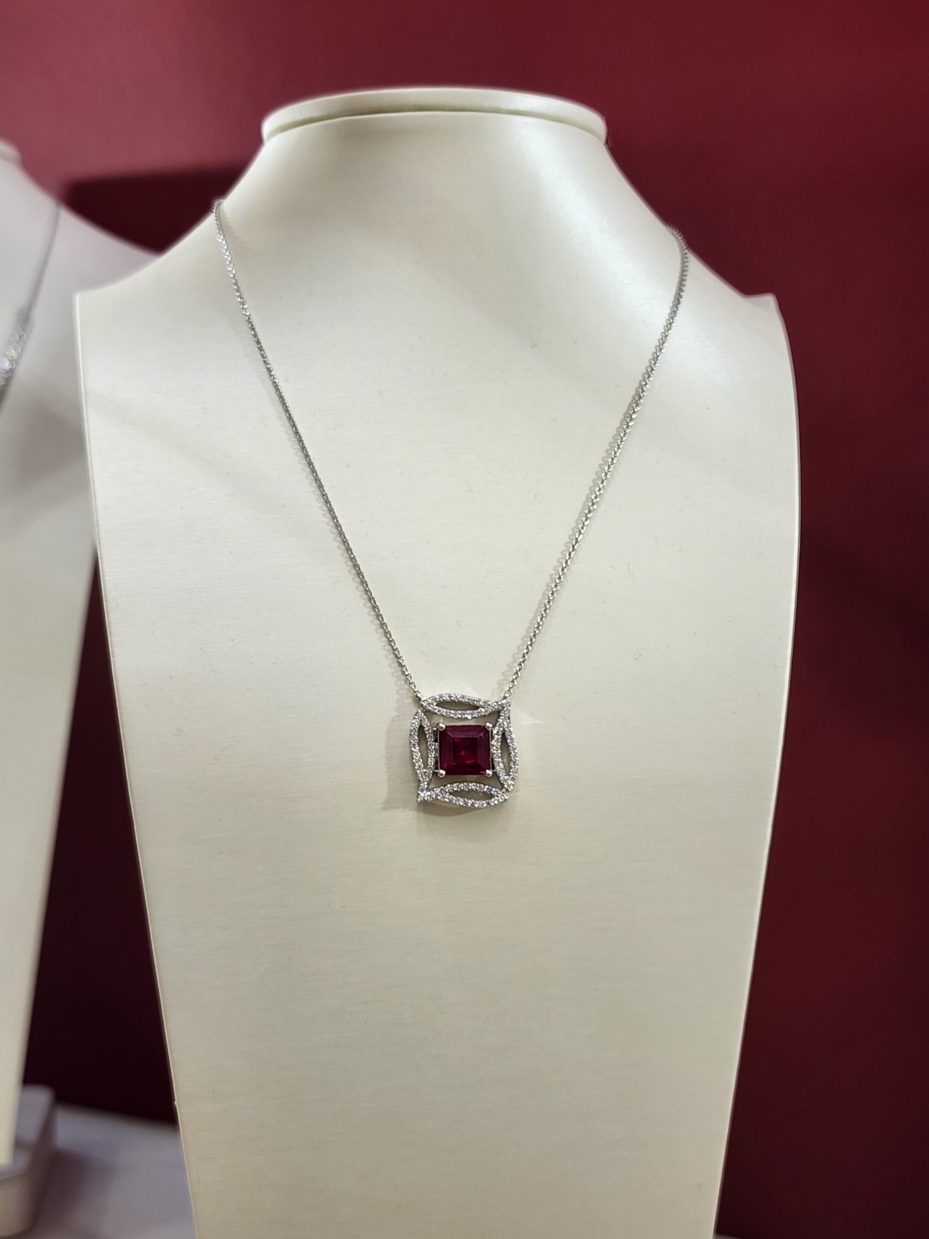 14K White Gold Princess Cut Lab-Grown Diamond & Ruby Pendant – 4.84 CT