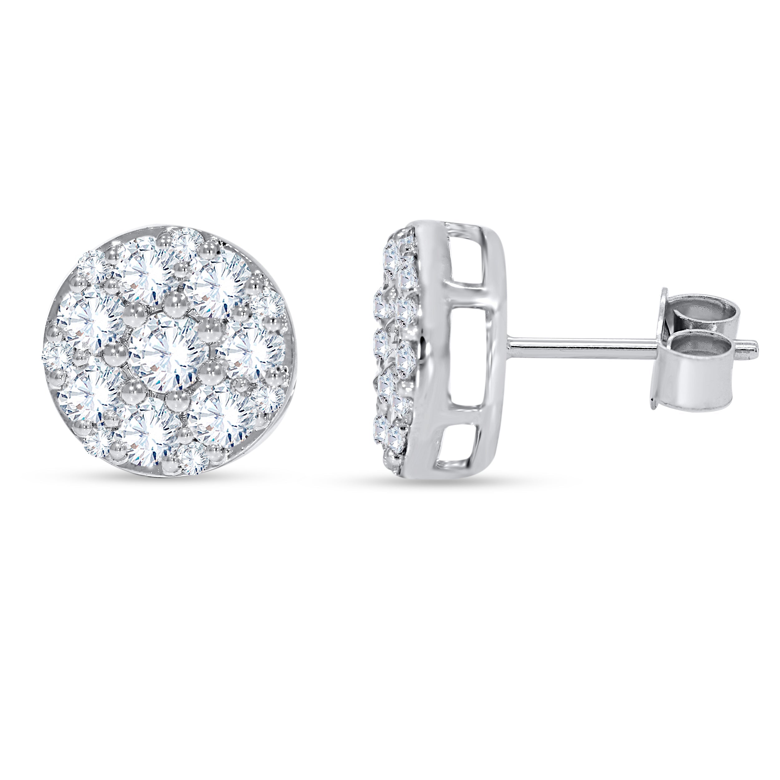 1.58 CTW lab grown diamond round cluster stud earrings in 14K white gold with pavé-set round brilliant diamonds.