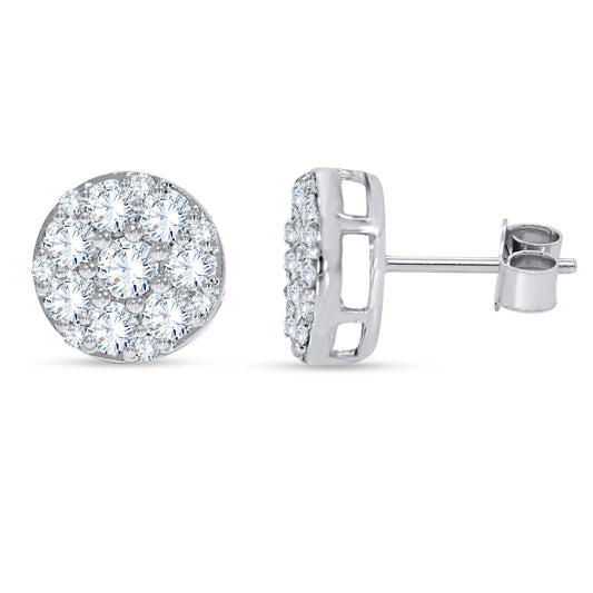1.58 CTW lab grown diamond round cluster stud earrings in 14K white gold with pavé-set round brilliant diamonds.