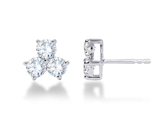 Three stone cluster lab diamond stud earring close up