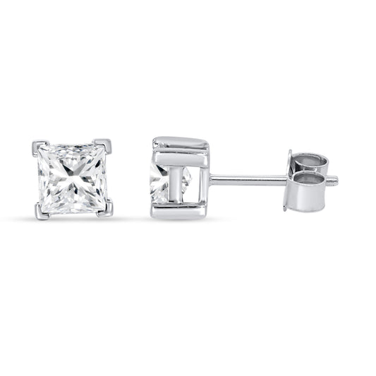 Square princess cut lab diamond stud close up