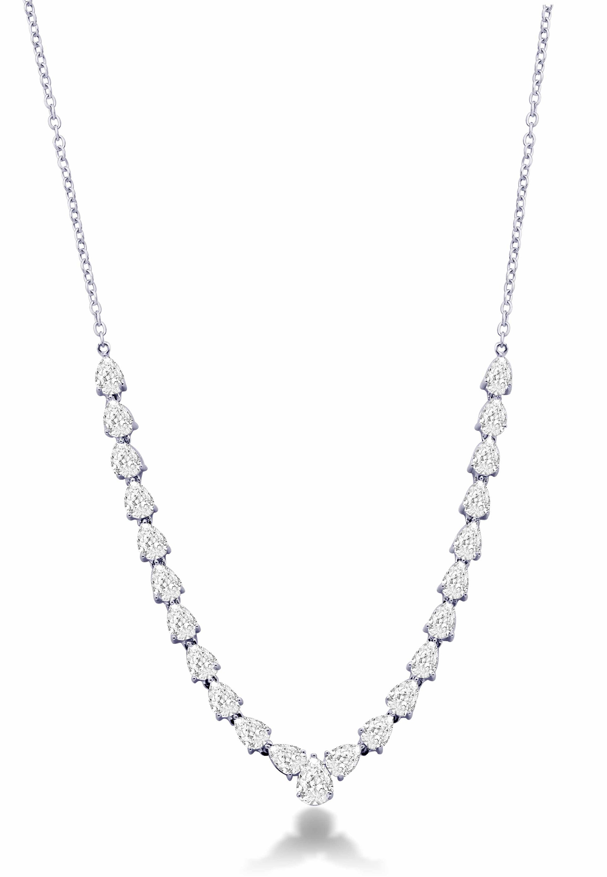 3.35 CTW lab grown diamond pear drop necklace in 14K white gold featuring graduated pear shaped diamonds and paperclip chain.