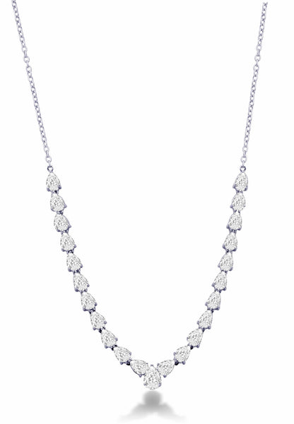 3.35 CTW lab grown diamond pear drop necklace in 14K white gold featuring graduated pear shaped diamonds and paperclip chain.