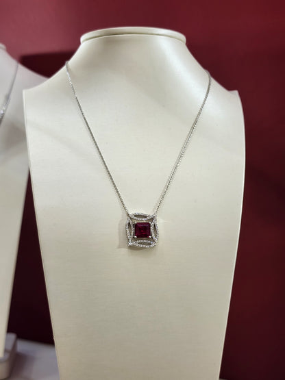 14K White Gold Princess Cut Lab-Grown Diamond & Ruby Pendant – 4.84 CT